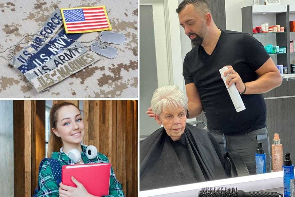 Military patches, student with books, and salon hairstylist with older woman.