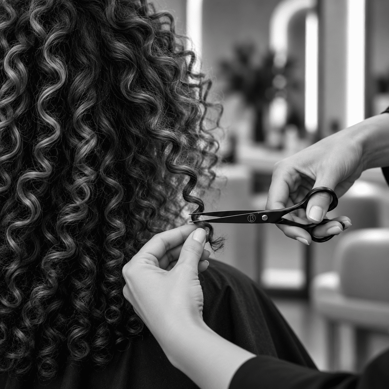 Hairdresser cutting curly hair in a salon.