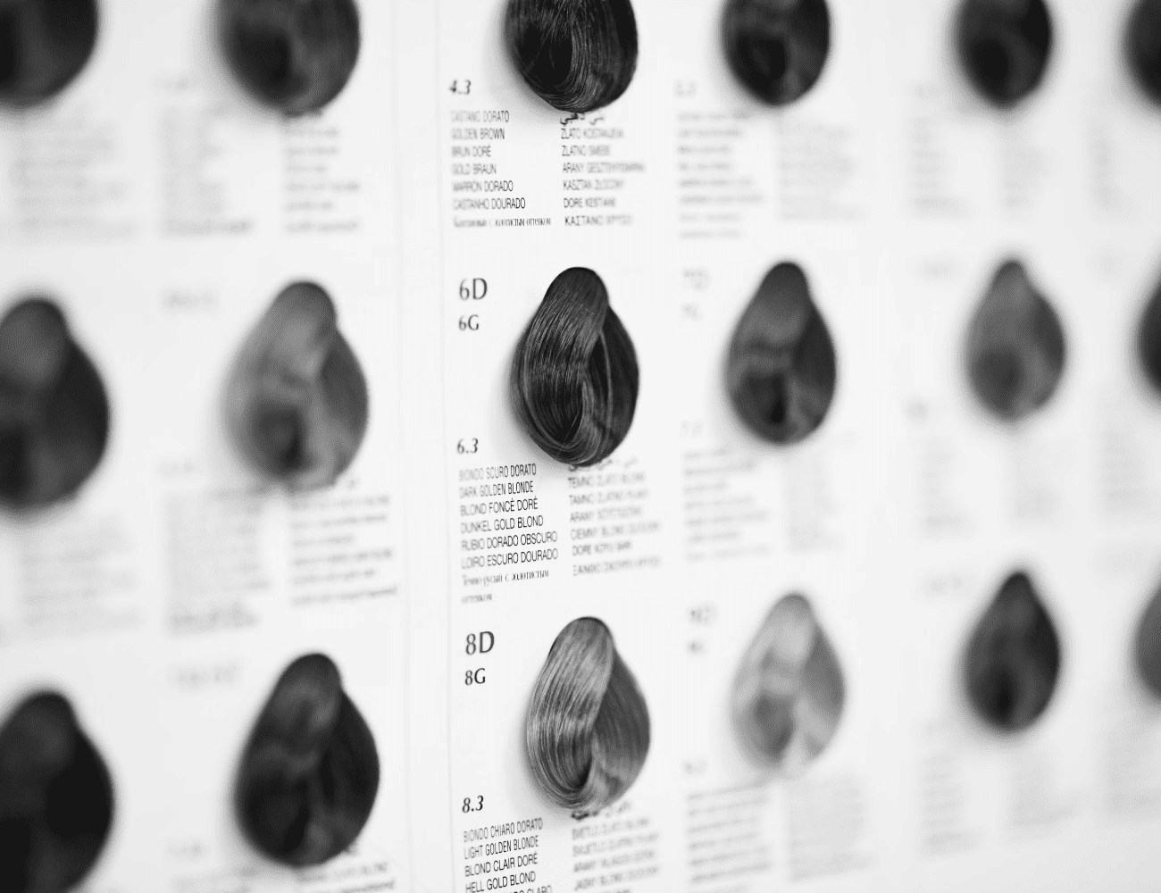 Hair color samples on a chart with various shades from dark to light brown.